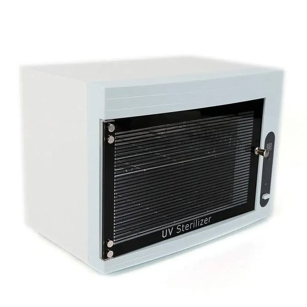 UV steriliseringsskab - 10 L - Timer 30/60/90 min - 220–240 V 50 Hz - 9 W - Til metalværktøj i salon - 34,2×21,5×25 cm - Hvid