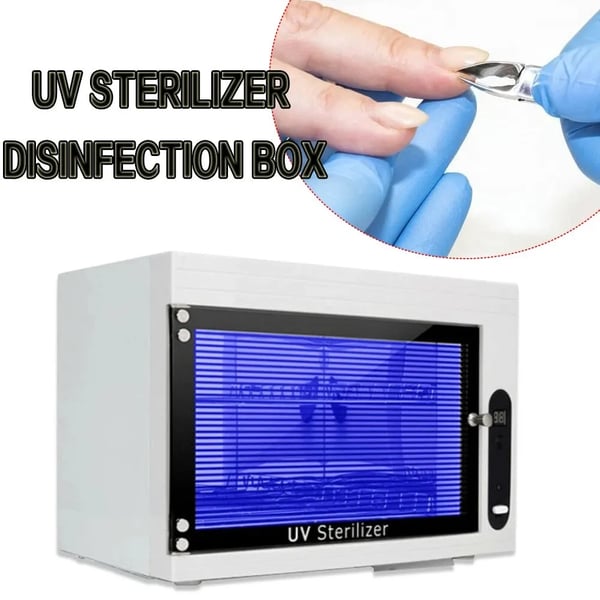 UV steriliseringsskab - 10 L - Timer 30/60/90 min - 220–240 V 50 Hz - 9 W - Til metalværktøj i salon - 34,2×21,5×25 cm - Hvid