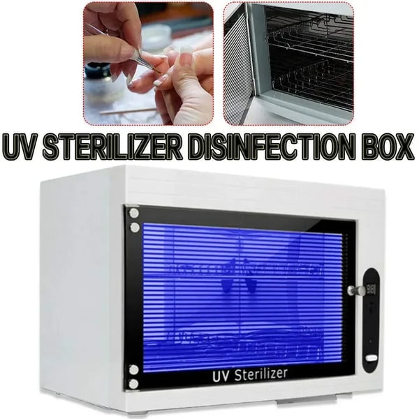 UV steriliseringsskab - 10 L - Timer 30/60/90 min - 220–240 V 50 Hz - 9 W - Til metalværktøj i salon - 34,2×21,5×25 cm - Hvid