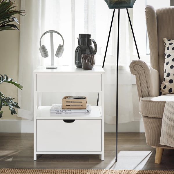 Yöpöytä / Sängynvieruspöytä - FRG258-II-W - 2 laatikkoa - Avohylly - 45×38×55 cm - Moderni marokkolainen tyyli - Valkoinen