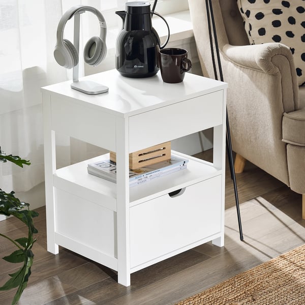Yöpöytä / Sängynvieruspöytä - FRG258-II-W - 2 laatikkoa - Avohylly - 45×38×55 cm - Moderni marokkolainen tyyli - Valkoinen