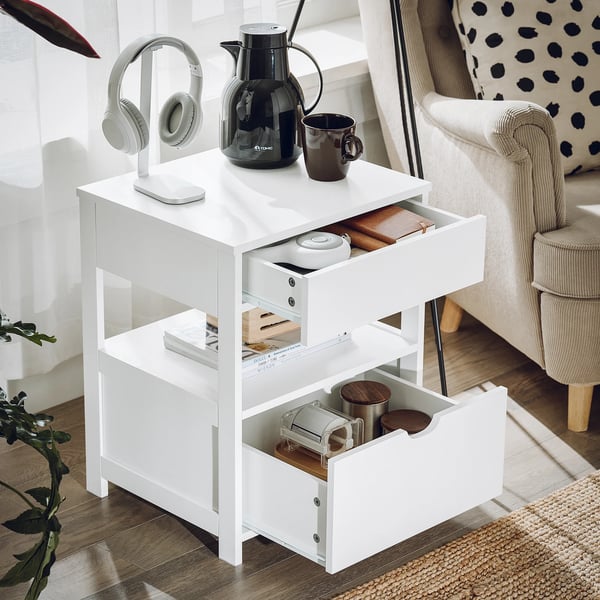 Yöpöytä / Sängynvieruspöytä - FRG258-II-W - 2 laatikkoa - Avohylly - 45×38×55 cm - Moderni marokkolainen tyyli - Valkoinen