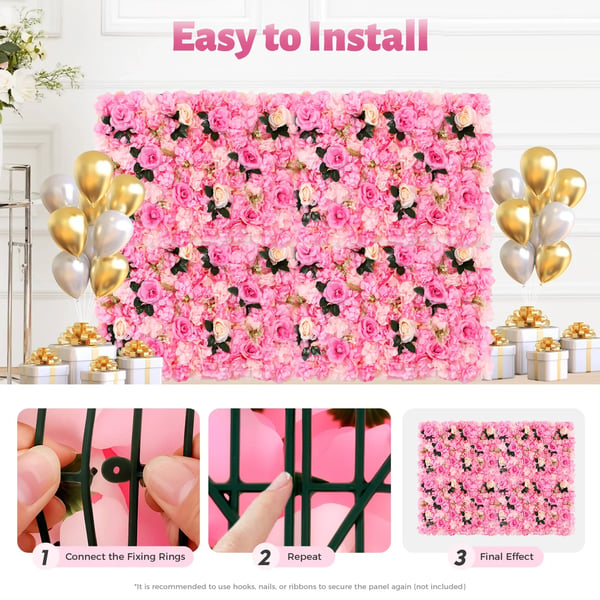 Blomster Vægpaneler - Baggrundspaneler Sæt 12 stk - 60×40 cm - Kunstblomster Plast - Bryllupsdekoration Udendørs - Pink