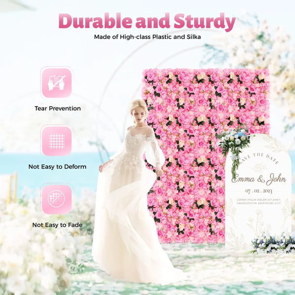 Blomster Vægpaneler - Baggrundspaneler Sæt 12 stk - 60×40 cm - Kunstblomster Plast - Bryllupsdekoration Udendørs - Pink