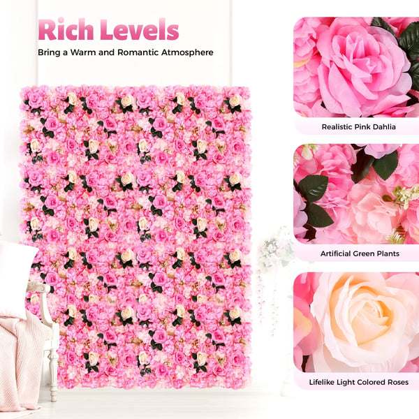 Blomster Vægpaneler - Baggrundspaneler Sæt 12 stk - 60×40 cm - Kunstblomster Plast - Bryllupsdekoration Udendørs - Pink