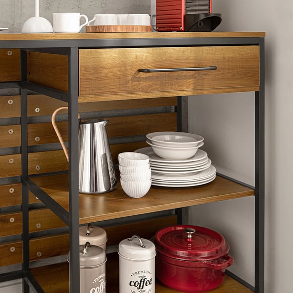 Køkkenvogn - Serveringsvogn - Vintage-stil - Åbne hylder - Skuffe - Med hjul - 120×90×45 cm - Samling kræves - Brun