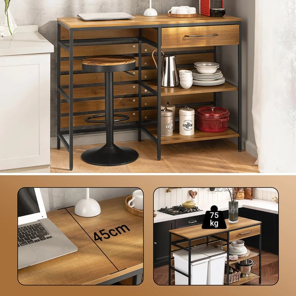 Køkkenvogn - Serveringsvogn - Vintage-stil - Åbne hylder - Skuffe - Med hjul - 120×90×45 cm - Samling kræves - Brun