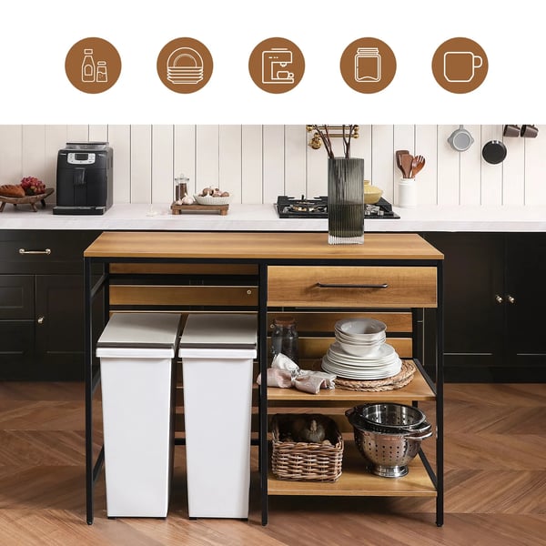 Køkkenvogn - Serveringsvogn - Vintage-stil - Åbne hylder - Skuffe - Med hjul - 120×90×45 cm - Samling kræves - Brun