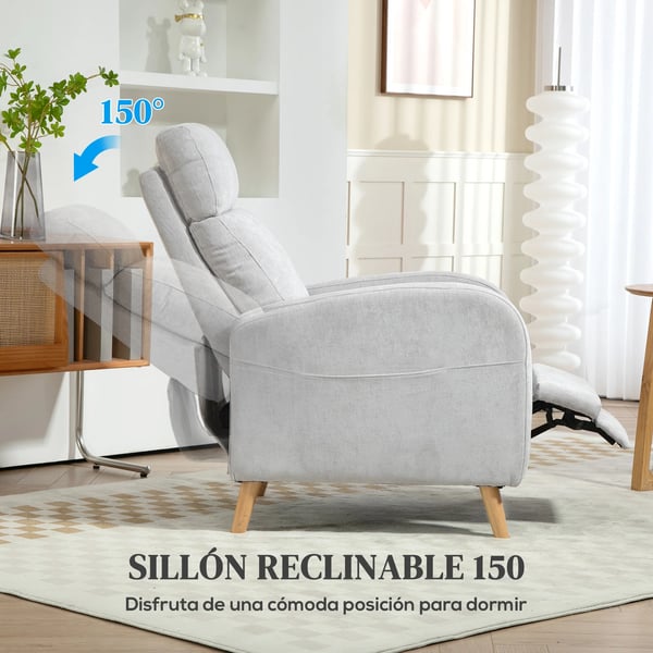 Fåtölj - Recliner TV-fåtölj - Med fotstöd - Sidoficka - Syntetiskt linne - Max 135 kg - Skumstoppning - Ljusgrå