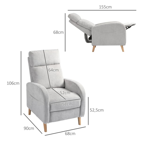 Fåtölj - Recliner TV-fåtölj - Med fotstöd - Sidoficka - Syntetiskt linne - Max 135 kg - Skumstoppning - Ljusgrå
