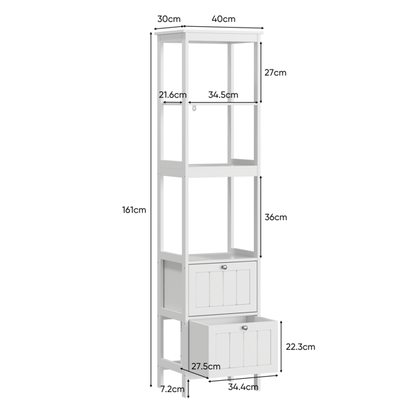 Indendørs planteholder - Fritstående skab - 3 Niveauer - 2 Skuffer - Til Badeværelse/Stue/Soveværelse/Balkon - Samling kræves - Hvid