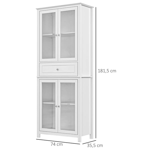 Kökskåp - Vitrinskåp - 4 Härdade Glasdörrar - Låda - Justerbara Hyllor - 74×35,5×181,5 cm - Modern Stil - Montering Krävs - Vit