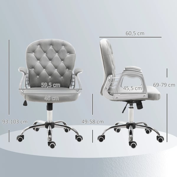 Sammetsstol - Kontorsstol - Höj- och sänkbar - Ergonomisk rygg - Svängbar med hjul - Med armstöd - 59,5×60,5×93–103 cm - Grå