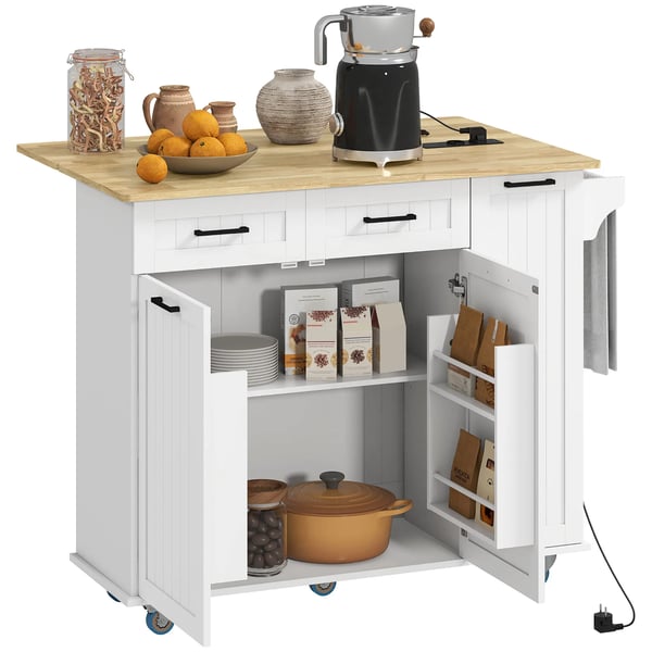 Köksö - Köksvagn - Med Hjul - Eluttag med USB - Fällbar Bordsskiva - 2 Lådor - Kryddhylla & Handdukshållare - 119,5 x 74 x 94,5 cm - Vit