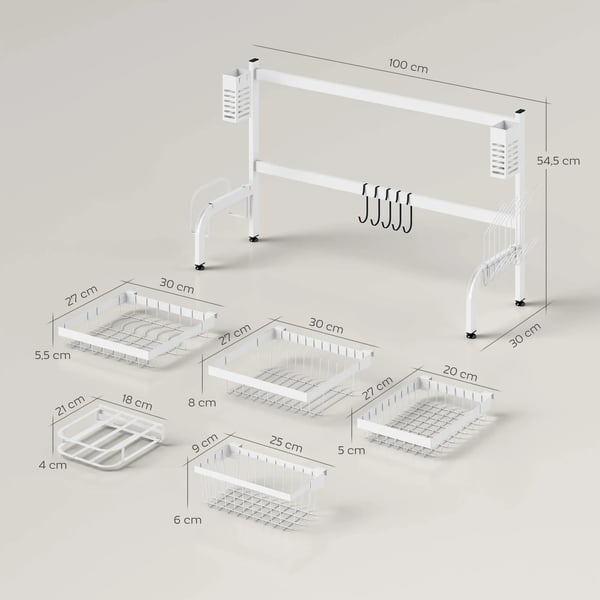 Diskställ över diskho - 2 våningar - Metall - Skärbrädshållare och bestickkorg - 100x30x54,5 cm - Vit