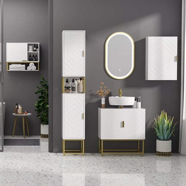 Badrumsskåp - Vägghängt - Dörr & justerbar hylla - Nedre öppen hylla - Mått 60x20x51 cm - Trä, Modern stil - Vit