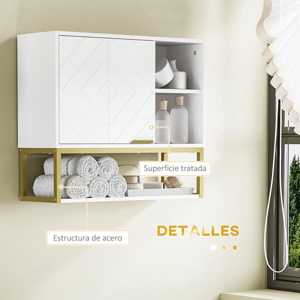 Badrumsskåp - Vägghängt - Dörr & justerbar hylla - Nedre öppen hylla - Mått 60x20x51 cm - Trä, Modern stil - Vit
