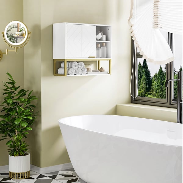 Badrumsskåp - Vägghängt - Dörr & justerbar hylla - Nedre öppen hylla - Mått 60x20x51 cm - Trä, Modern stil - Vit
