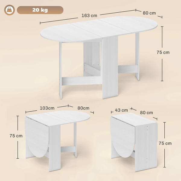 Matbord/Köksbord - Klaffbord - Ovalt - 163x80x75 cm - För 6 personer - Vit