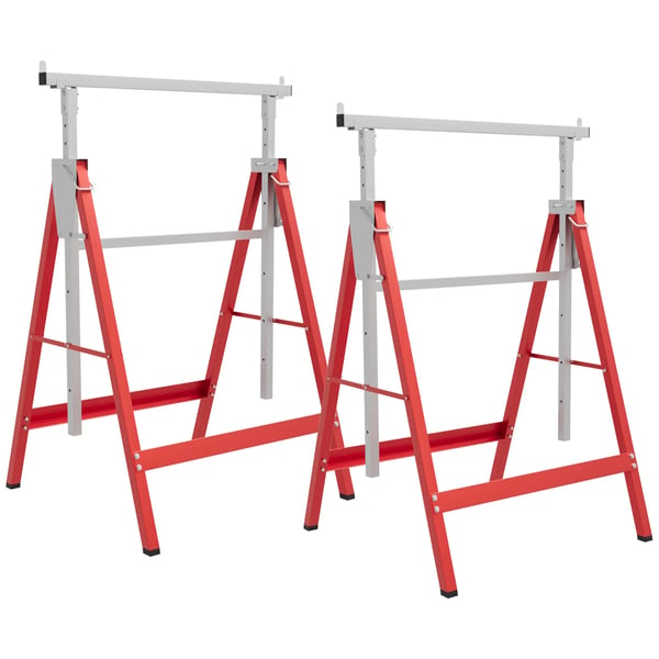 Set med 2 Sågbockar/Arbetsbockar - Hopfällbara - Höjdjusterbara 80–130 cm - Stål - 68x58 cm - Röd