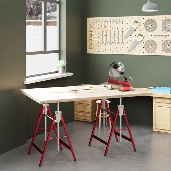 Set med 2 Sågbockar/Arbetsbockar - Hopfällbara - Höjdjusterbara 80–130 cm - Stål - 68x58 cm - Röd