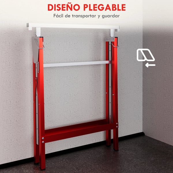Set med 2 Sågbockar/Arbetsbockar - Hopfällbara - Höjdjusterbara 80–130 cm - Stål - 68x58 cm - Röd