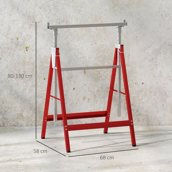 Set med 2 Sågbockar/Arbetsbockar - Hopfällbara - Höjdjusterbara 80–130 cm - Stål - 68x58 cm - Röd