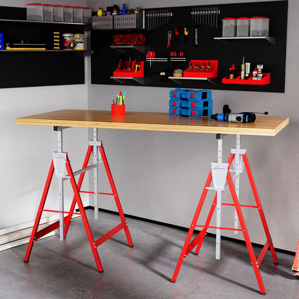 Set med 2 Sågbockar/Arbetsbockar - Hopfällbara - Höjdjusterbara 80–130 cm - Stål - 68x58 cm - Röd