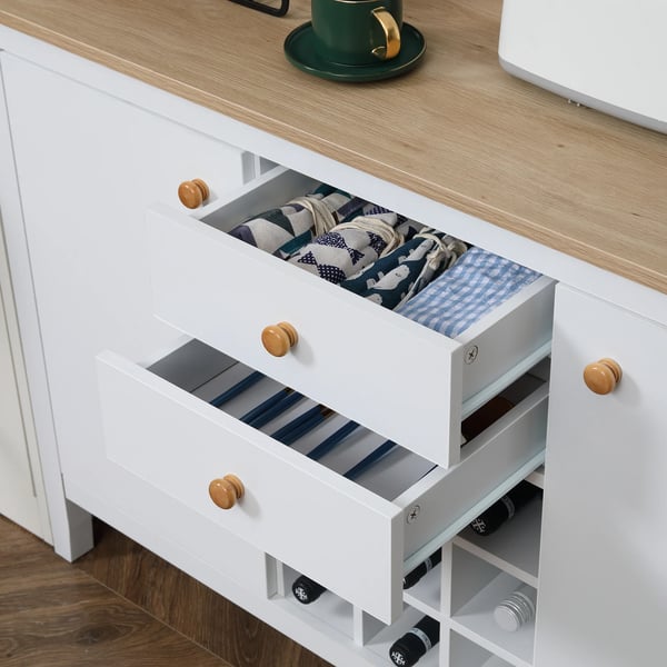 Köksskänk - Sideboard med lådor och vinställ - Fristående - Melamin - 110x35x75 cm - Vit