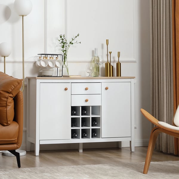 Köksskänk - Sideboard med lådor och vinställ - Fristående - Melamin - 110x35x75 cm - Vit