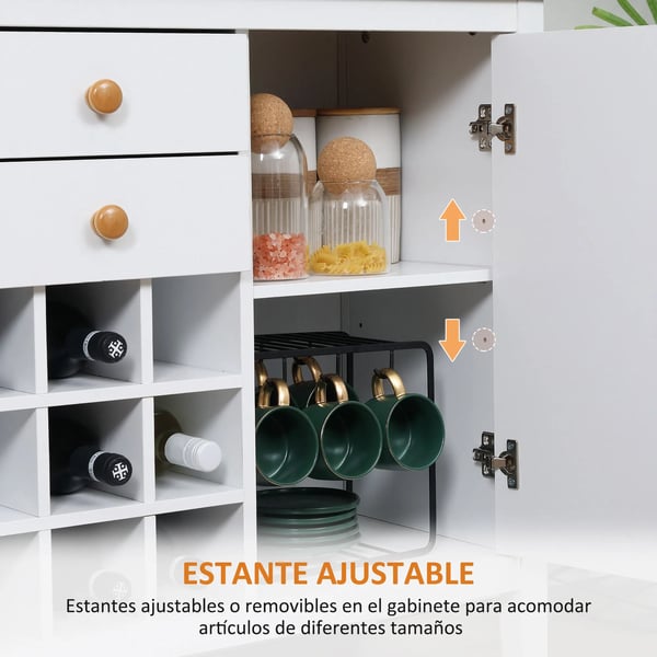 Köksskänk - Sideboard med lådor och vinställ - Fristående - Melamin - 110x35x75 cm - Vit