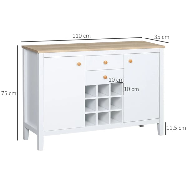 Köksskänk - Sideboard med lådor och vinställ - Fristående - Melamin - 110x35x75 cm - Vit