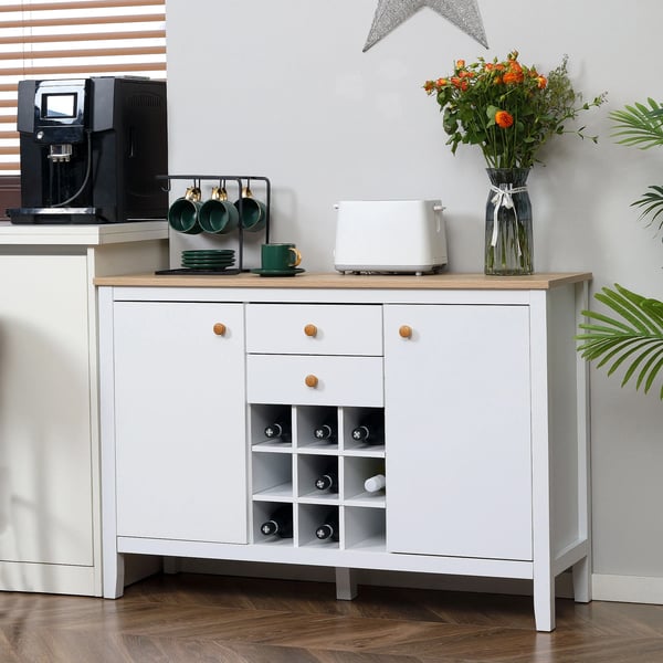 Köksskänk - Sideboard med lådor och vinställ - Fristående - Melamin - 110x35x75 cm - Vit