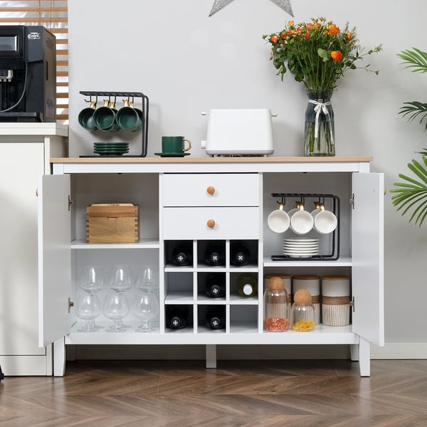 Köksskänk - Sideboard med lådor och vinställ - Fristående - Melamin - 110x35x75 cm - Vit