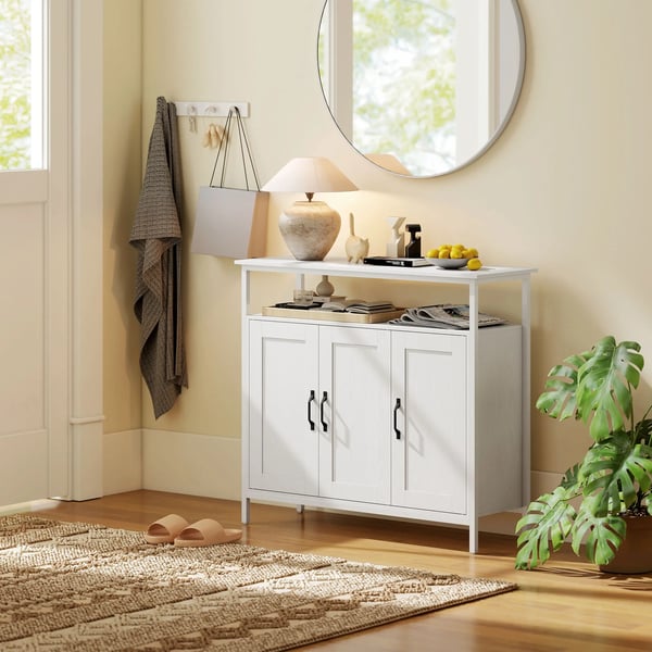 Skänk Sideboard - Vardagsrumsskåp - 3 Dörrar - Öppet fack - Justerbara hyllplan - Modern minimalistisk stil - Trä - 100 x 35 x 88 cm - Vit