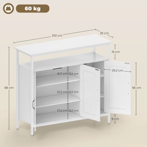 Skänk Sideboard - Vardagsrumsskåp - 3 Dörrar - Öppet fack - Justerbara hyllplan - Modern minimalistisk stil - Trä - 100 x 35 x 88 cm - Vit