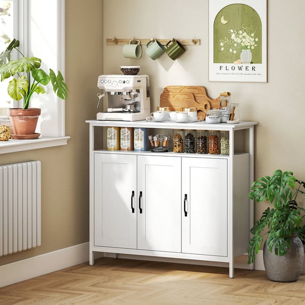 Skänk Sideboard - Vardagsrumsskåp - 3 Dörrar - Öppet fack - Justerbara hyllplan - Modern minimalistisk stil - Trä - 100 x 35 x 88 cm - Vit