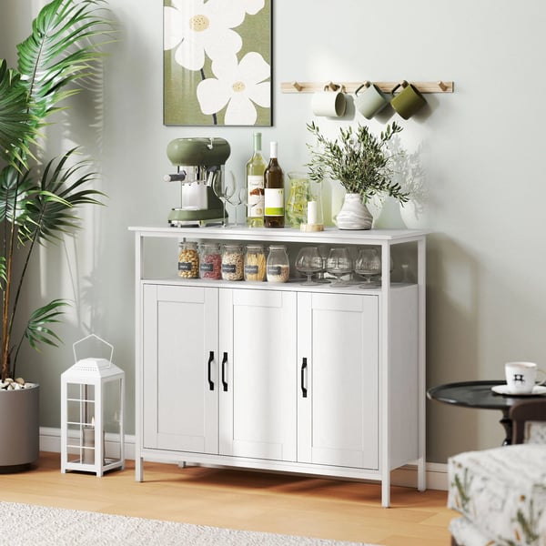Skänk Sideboard - Vardagsrumsskåp - 3 Dörrar - Öppet fack - Justerbara hyllplan - Modern minimalistisk stil - Trä - 100 x 35 x 88 cm - Vit