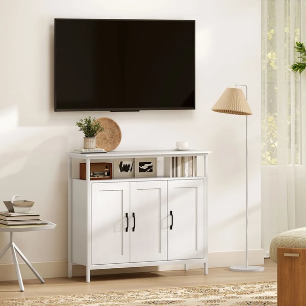 Skänk Sideboard - Vardagsrumsskåp - 3 Dörrar - Öppet fack - Justerbara hyllplan - Modern minimalistisk stil - Trä - 100 x 35 x 88 cm - Vit