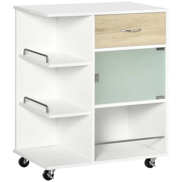 Köksvagn - Serveringsvagn - 65x39x80 cm - Trä - 1 Låda - Glasdörr - Med Hjul - Vit
