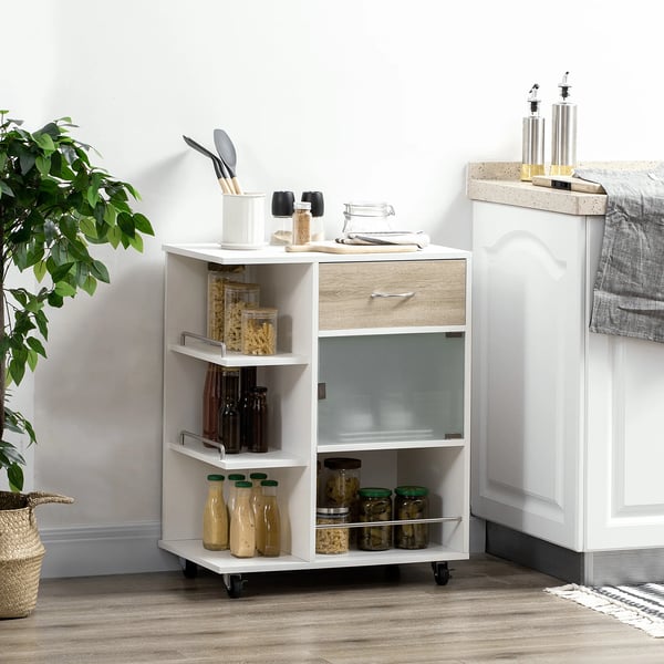 Köksvagn - Serveringsvagn - 65x39x80 cm - Trä - 1 Låda - Glasdörr - Med Hjul - Vit
