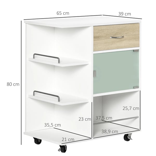 Köksvagn - Serveringsvagn - 65x39x80 cm - Trä - 1 Låda - Glasdörr - Med Hjul - Vit