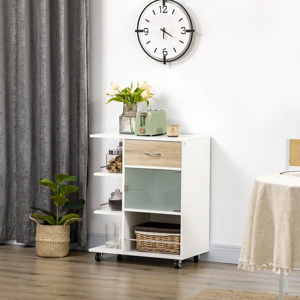 Köksvagn - Serveringsvagn - 65x39x80 cm - Trä - 1 Låda - Glasdörr - Med Hjul - Vit