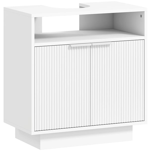 Badrumsskåp - Tvättställsunderskåp - 2 Räfflade Dörrar - Öppen Hylla - Fristående - För Handfat utan Pelare - 60x33x63 cm - Vit