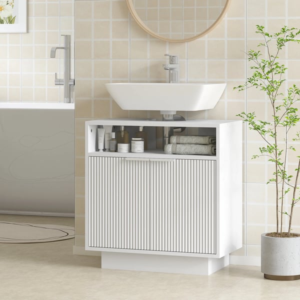 Badrumsskåp - Tvättställsunderskåp - 2 Räfflade Dörrar - Öppen Hylla - Fristående - För Handfat utan Pelare - 60x33x63 cm - Vit