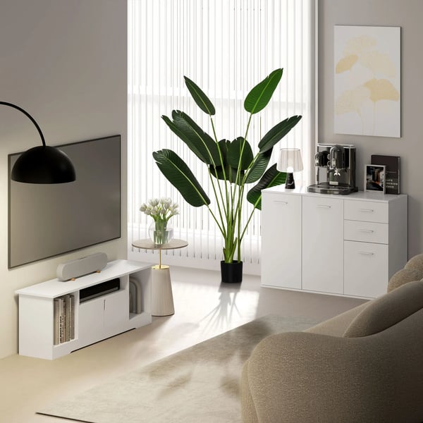 Skänk Sideboard - Vardagsrumsskåp - 2 Dörrar, 2 Lådor, Justerbar Hylla, 106x35x76 cm, Trä, Modern Stil - Vit