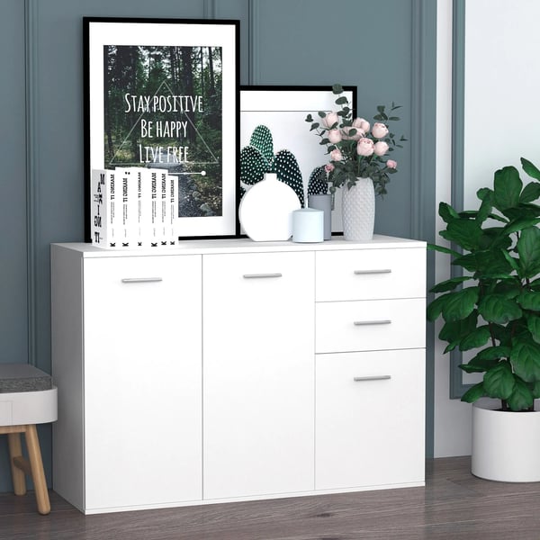 Skänk Sideboard - Vardagsrumsskåp - 2 Dörrar, 2 Lådor, Justerbar Hylla, 106x35x76 cm, Trä, Modern Stil - Vit