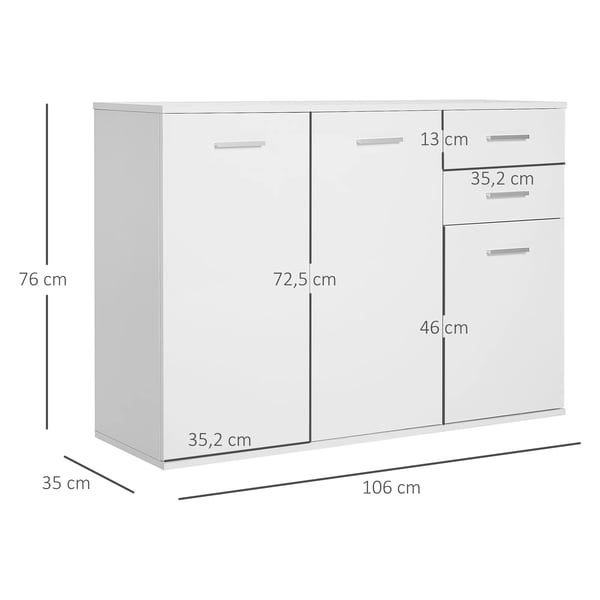 Skänk Sideboard - Vardagsrumsskåp - 2 Dörrar, 2 Lådor, Justerbar Hylla, 106x35x76 cm, Trä, Modern Stil - Vit