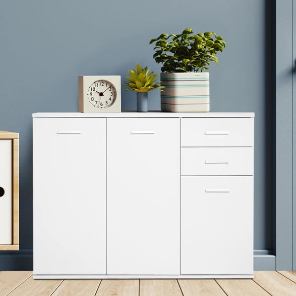 Skänk Sideboard - Vardagsrumsskåp - 2 Dörrar, 2 Lådor, Justerbar Hylla, 106x35x76 cm, Trä, Modern Stil - Vit