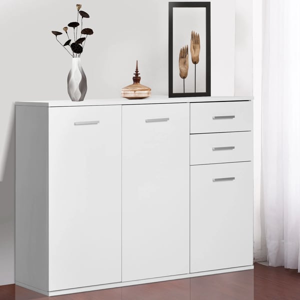 Skänk Sideboard - Vardagsrumsskåp - 2 Dörrar, 2 Lådor, Justerbar Hylla, 106x35x76 cm, Trä, Modern Stil - Vit